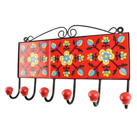 Red Floral Ceramic Tile Hook